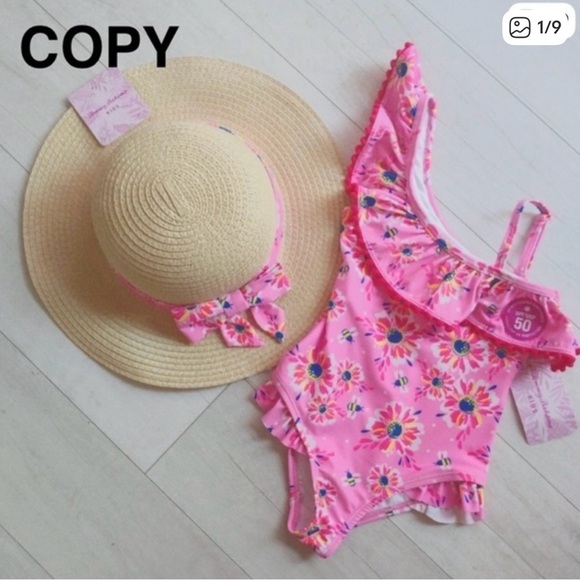 Tommy Bahama Other - Tommy Bahama Little Girl Pink Floral & Bee One-Shoulder Swimsuit with hat size 6